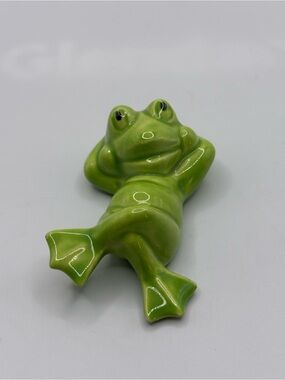 MCM Green Glazed Ceramic Laid Back Frog Handcrafted In Canada Kitschy 1.75X3”